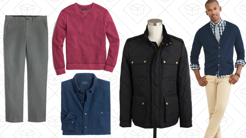 Herringbone Cotton Sutton Pant, $35 | Sunwashed Garmetn-Dyed Crewneck Sweatshirt, $31 | Rugged Elbow-Patch Shirt, $35 | Greyson Jacket, $90 | Merino Cardigan Sweater, $35